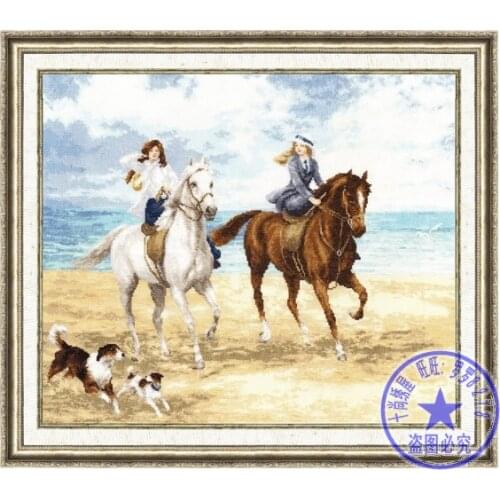 Top Quality Lovely Counted Cross Stitch Kit Riding Travel Tour Trip By The Lake Seaside Beach Two Girls Women and Dogs