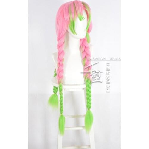 Anime Kanroji Mitsuri Double Ponytail style Wig Pink Green Cosplay Wig +Wig Cap Costume Demon Slayer: Kimetsu no Yaiba Wigs 80cm