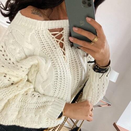 Casual Loose Women Autumn Sweater Solid Color Hollow-Out Round Collar Long-Sleeves Knitted Pullover Tops for Girls