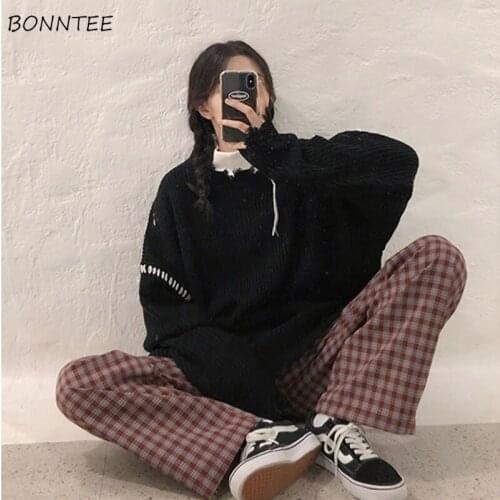 Patchwork Pullovers Women Japanese Style Chic Trendy Popular Leisure Frayed Streetwear Hipster Knitting Female Sweater BF Unisex