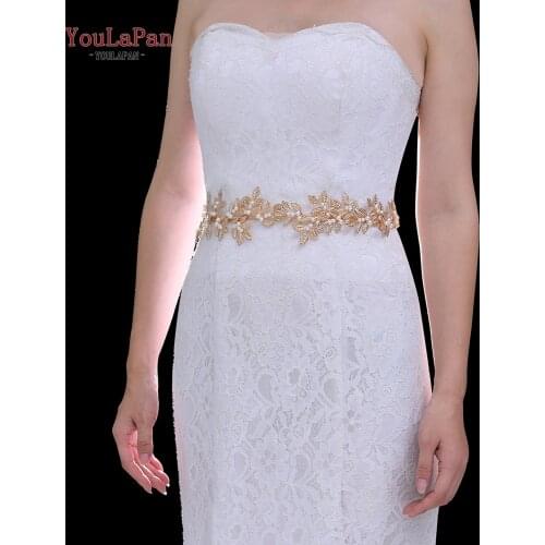 YouLaPan SH353 Sparkly Skinny Belt Gold Leaf Wedding Belt with Pearls Womens Formal Belts Wedding Waist Belt Jeweled Dress Belt
