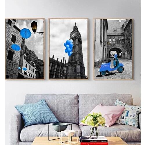 Modern European City Blue Balloon Umbrella Landscape Canvas Posters Nordic Painting Wall Art Print Picture For Home Decor