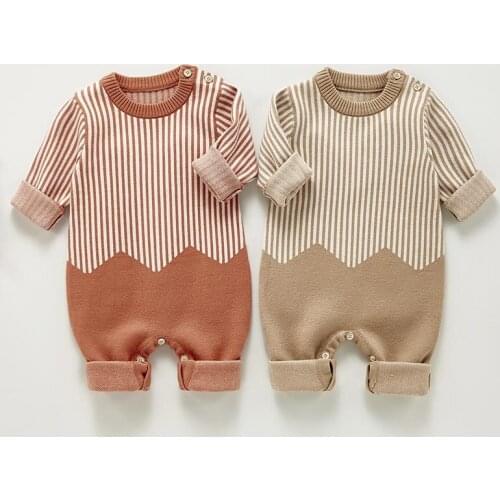 Autumn New Toddler Boy Knitted Wool Rompers Kids Girls Cotton Long Sleeve Casual Clothes Infant Boys Girls Vertical Bar Jumpsuit