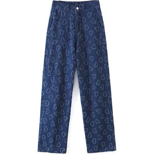 Vintage Washed Jeans Women Trousers Streetwear Cotton Loose High Waist Wide Leg Pants Love Frayed Large Pockets Straight Cowboy