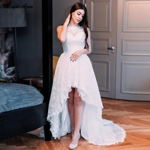 Magic Awn Bohemian High Low Lace Wedding Dresses Beach Appliques Illusion Princess Country Mariage Gowns Abito Da Sposa 2021