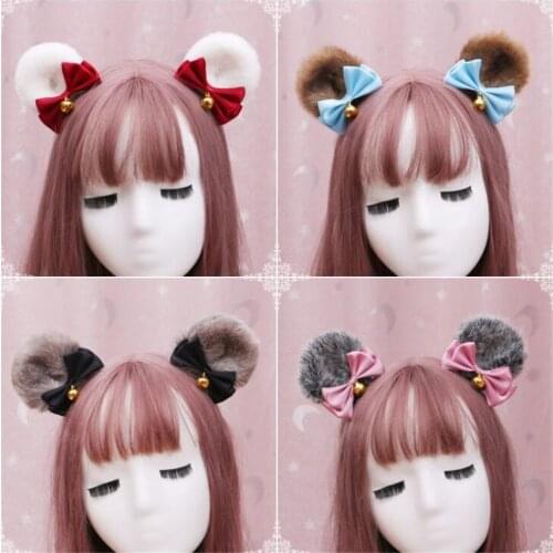 Lolita Cute Plush Bear Ears Bow Hairpin Headwear Side Clip Anime Cosplay Girl Animal Ear Accessories D841