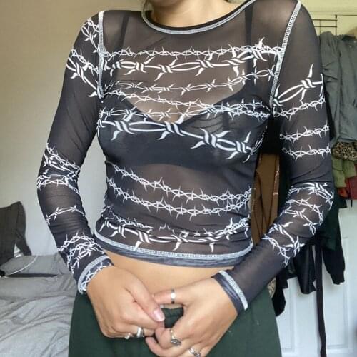 Women’s Fashion Long-sleeved T-shirt Sexy Thorn Print Perspective Slim Fit Exposed Navel Top Mesh bottoming shirt 2020 Outfit