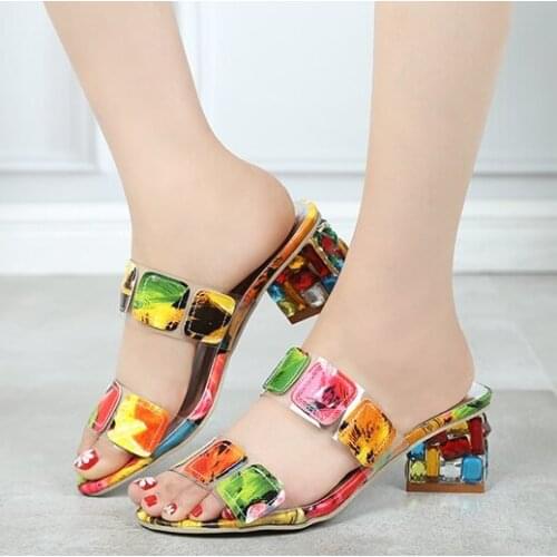 2021 Sandals Women Square Heels Summer Sandals Peep Toe Ladies Multi Colors Wedge Shoes Sandalias De Verano Para Mujer