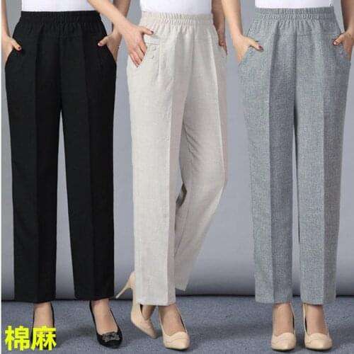 Middle-aged womens pants spring autumn loose pockets cotton linen nine points pants plus size ladies elastic waist casual pants