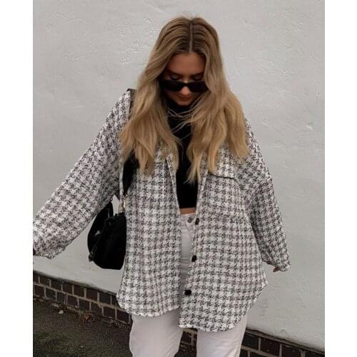 Retro style houndstooth ladies thick big pocket cardigan jacket classic personality texture knitted loose top women