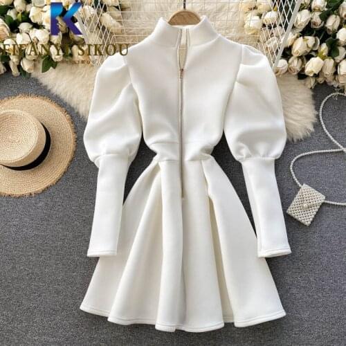 2021 New Spring Autumn Women Dress Zipper Fashion Puff Sleeve High Waist Mini Dress Ladies Elegant Turtleneck Slim Party Dress
