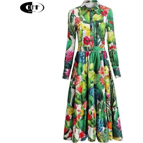 Women Autumn Green Runway Midi Dress long Sleeve Elegant Retro High Waist Ladies Vintage Printed A-Line Dresses Vestidos Robe