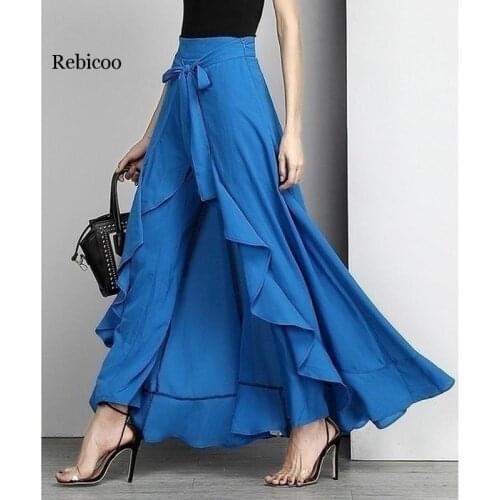 Women Chiffon Knot Tie Waist Ruffle Pants Pure Color Long Skirts Style Elegant Wide Leg Pants plus size