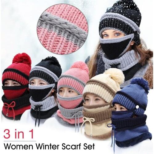 Winter Women 3-in1 Scarf Set Indoor Outdoor Soft Warm Beanie Scarf Set double-layer design Thickend Knitted Hat Scarf Face Cover