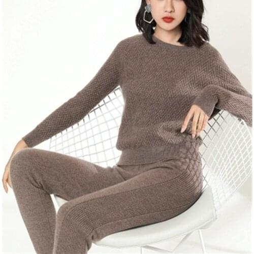 100%goat cashmere twill thick knit women sweatshirts suits Oneck pullover ankle length pants 2pcs/set EUsize M/L/XL