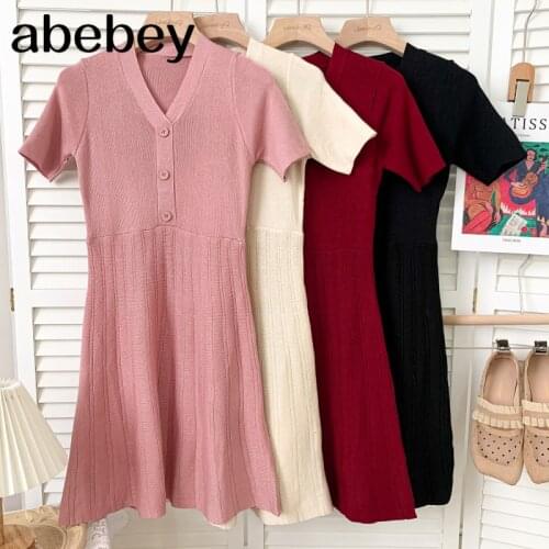 2021 New Summer Temperament Versatile V-neck short sleeve Dress high waist slim single breasted knitted Dress