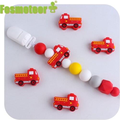 Fosmeteor 5pcs Silicone Fire Truck Car Beads BPA Free Baby Teething Beads DIY Toy For Pacifier Clips New Born Baby Teether