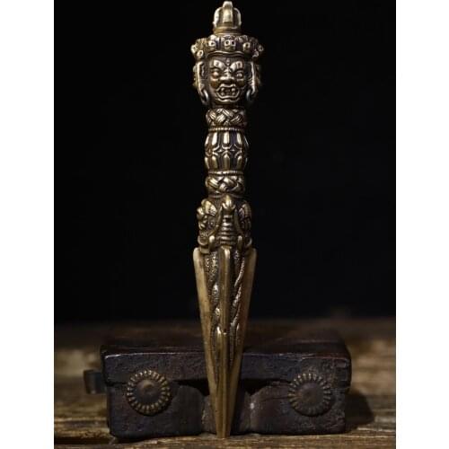 8" Tibet Buddhism Temple Old Bronze Three-sided Mahakala head statue Dorje Vajra Phurba Dagger Holder Ward off evil spirits