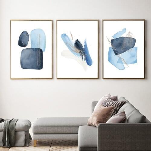 Abstract Blue Golden Geometric Canvas Painting Minimalist Wall Art Modern Drawning Posters Prints Pictures for Living Room Decor