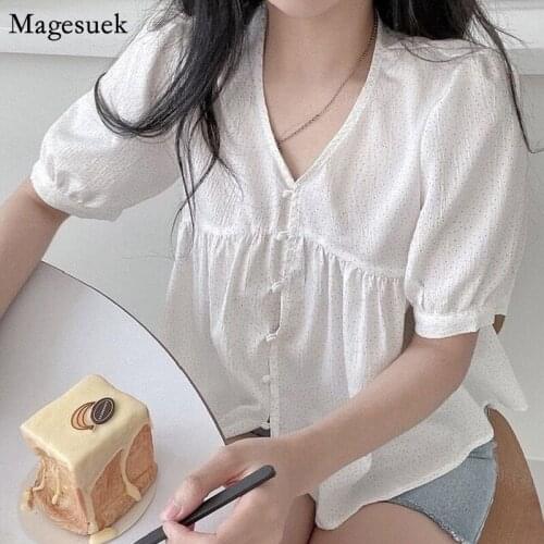 Summer New Puff Short Sleeve Women Blouses Dot V-neck Loose Pleated White Button Shirt Woman Casual Korean Sweet Tops Girl 15673