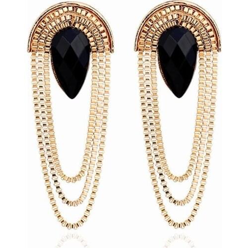 2019 Big Fashion Exaggerated Retro Scalloped Metal Black Rhinestone Earrings Multi-layer Chain Tassel Big Earrings Accessories