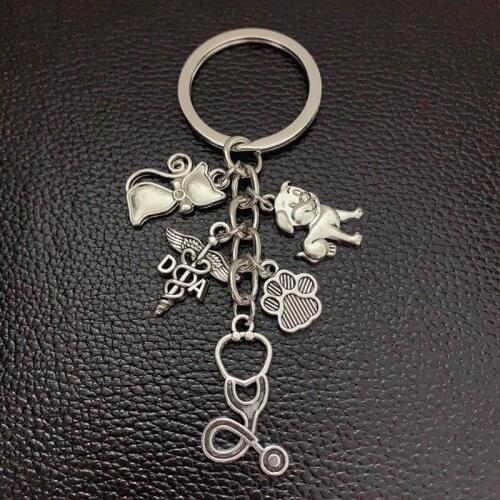 New veterinary key ring silver stethoscope animal charm animal dog cat nurse key chain veterinary jewelry gift