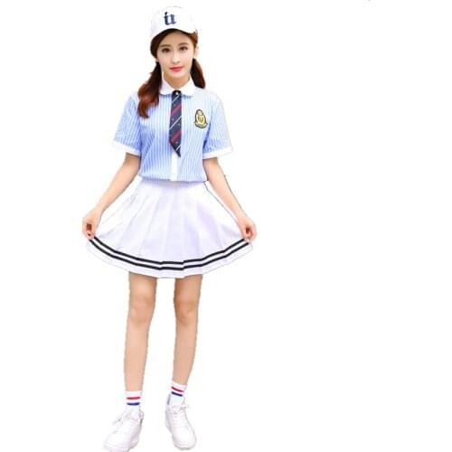 British Japanese School Uniform Girls Cotton Striped Shirt + Skirt Korean Class Uniforms Men Female Student Clothing Set Summer