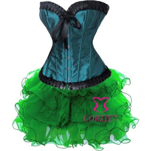 Gothic Corpetes E Espartilhos Women Latex Satin Overbust Corsets Set (Sexy Corset Top + Green Burlesque Tutu Skirt +G-string)