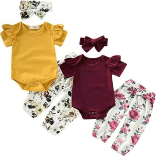 Pudcoco US Stock Baby Clothes Newborn Infant Girls Tops Bodysuit Floral Pants Headband Outfits Clothes Set 3PCS