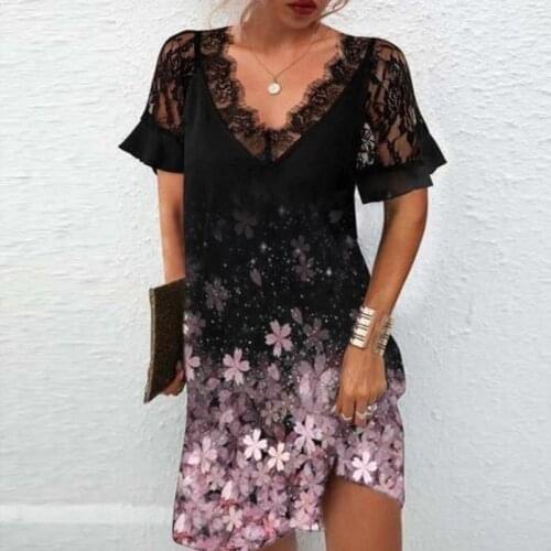 Fashion Floral Print Women Slim Dress Vintage See-Through Lace Party Dresses Summer Sexy V-Neck Casual Short Sleeve Lady Dress