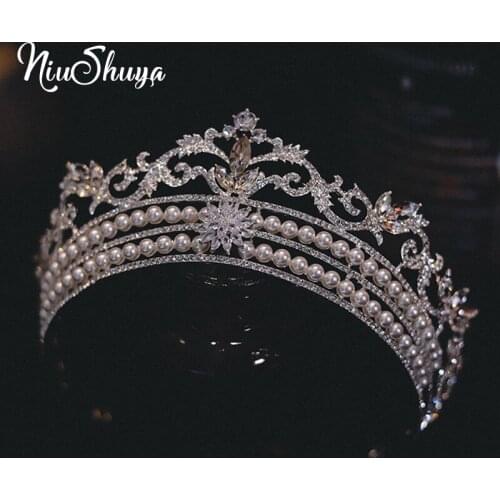 NiuShuya Fashion European Pearls Tiara Crowns Bridal Wedding Hair Accessories Princess Queen Party Sister Couple Diadem Hairwear