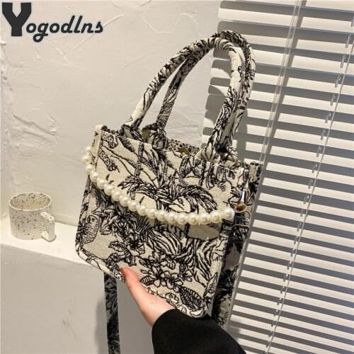 Fashion Pearl Shoulder Bags Women Canvas Totes Embroidery Large Capacity Portable Shopping Bag Female Crossbody Handbag Purse