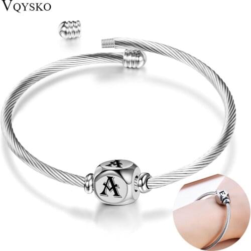 Fashion square Charm Bangle With Initial Alphabet Letter Engrave Stainless steel Women Girls Jewelry Cuff Bangles For Party Gift