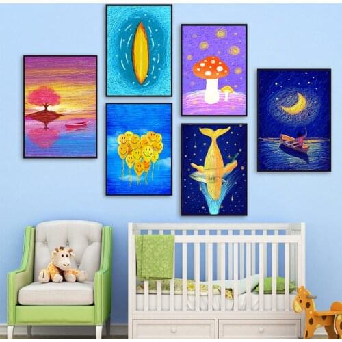 Cartoon Star Moon Night Wall Art Canvas Painting Sea Dolphin Kawaii Poster Prints Wall Pictures For Kids Boy Children Room Decor