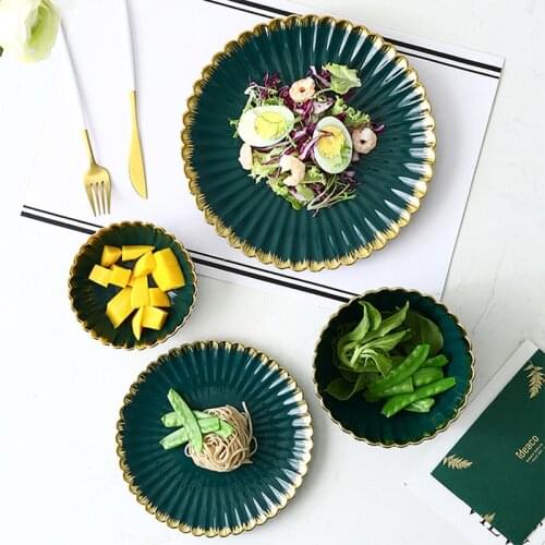 Green With Gold Rim Ceramic Plate Dish Set Tableware Porcelain Salad Food Bowl Service Restaurant Kitchen Supplies