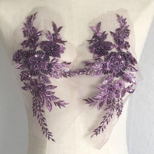 New 1Pcs 3D Flower Beaded Embroidery Patch Mesh Fabric African Lace Applique Sew Wedding Dress Clothes Decoration Diy White Blue