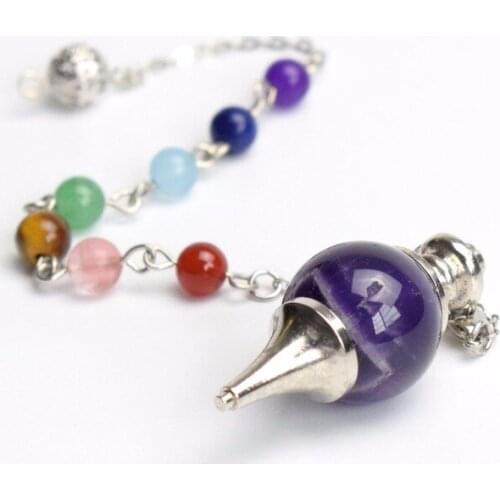Natural Chakra Amethyst Carved Crystal Reiki Dowsing Energy Healing Ball Pendulum with Chakra Beads