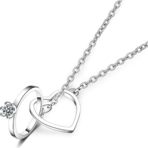 New Fashion Temperament Exquisite 925 Sterling Silver Jewelry Female Double Circle Crystal Heart Shaped Love Necklaces H364
