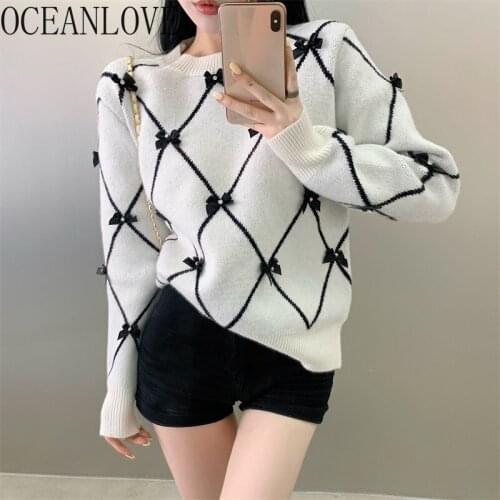 OCEANLOVE Pull Femme Plaid Bow Korean Fashion Vintage Bows Sweet Warm Women Sweaters Autumn Winter Loose Pullovers 2021 Tops