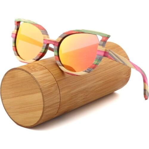 Luxury Fashion cat eyes ladies sunglasses polarized for men and women color bamboo sun glasses travel with wood glasses box