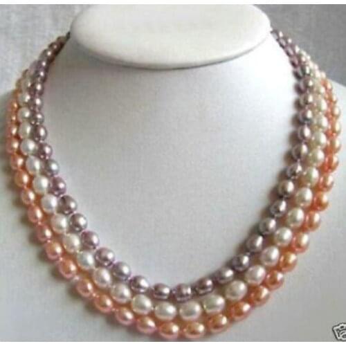 7-8mm 3 Rows Multi-Color Genuine Pink White Purple Pearl Clasp Necklace 18-20"AA