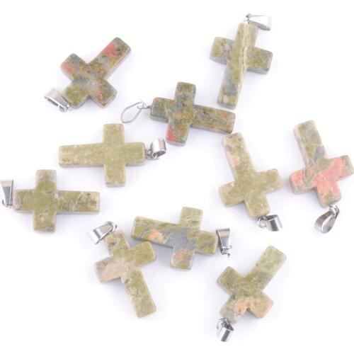 Wholesale 10Pcs/Lot Unakite Jasper Natural Stone Charms Pendants Cross Shaped Dangle Beads QV0054