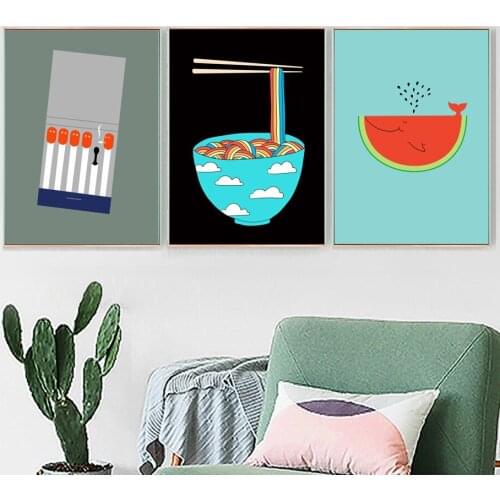 Cute Watermelon Bowl Noodles Nordic Poster Wall Art Canvas Painting Wall Home Living Room Kitchen Restaurant Decoration