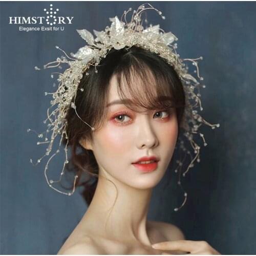 HIMSTORY Gorgeous Bridal Headbands Wedding Hair Accessories Headdress for Brides Leaf with Crystals Beads Women Hairband