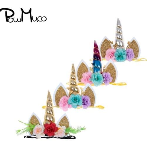 Powmuco Shining Cartoon Unicorn Horn Floral Elastic Headband Cute Artificial Flowers Hairband Clothing Decoration Photo Props
