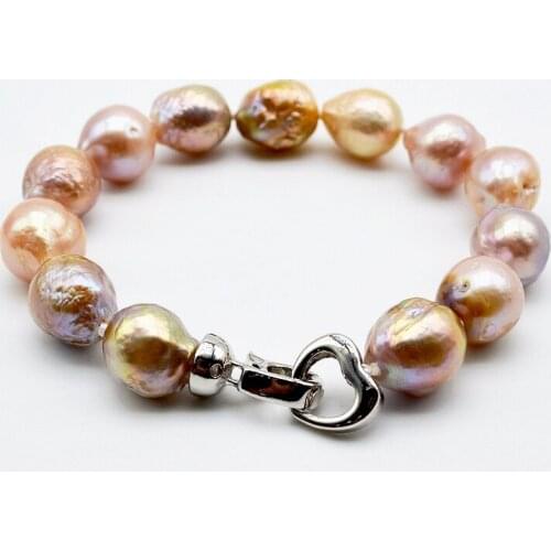 Rainbow pearl bracelet, natural color Baroque pearl, heart buckle bracelet, diameter 11-12mm, freshwater pearl, ladies jewelry