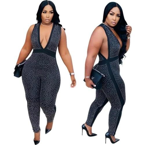 Sexy Black Sequins Crystal Long Pant Jumpsuit New Women Strap Backless Bodycon Night Clubwear One Piece Rompers Wholesale
