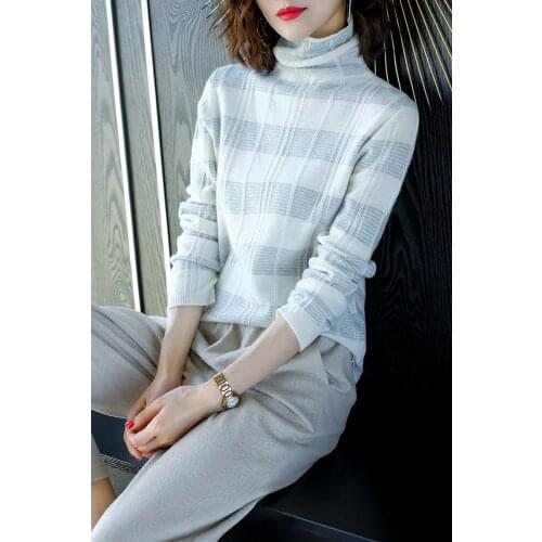 Ladies High Quality Turtleneck Pure 100% Cashmere Sweater Spring Autumn Fashion Striped Slim Knit Sweater Elegant Ladies Sweater Free Shipping