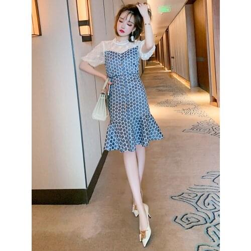 Top Quality Lace stand collar perspective stitching bra single breasted contrast dress new for summer