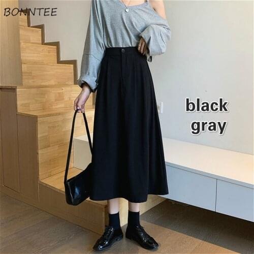 Long Skirts Women Vintage Party Trendy Solid Elegant All-match A-line Office Ladies Clubwear Popular Simple Korean Teens Clothes